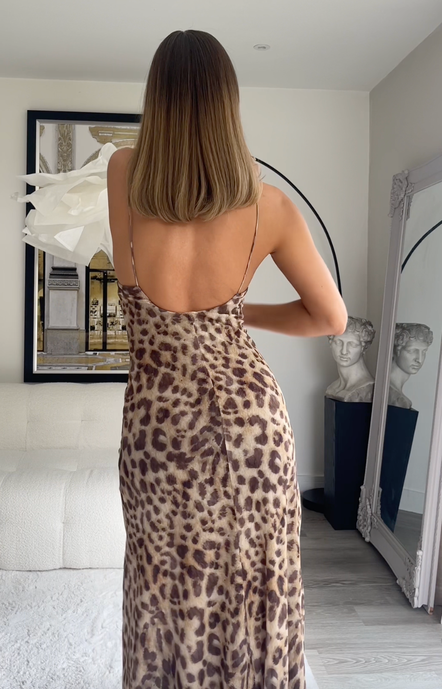 Bente | Dames jurk maxi luipaard print spaghettibandjes