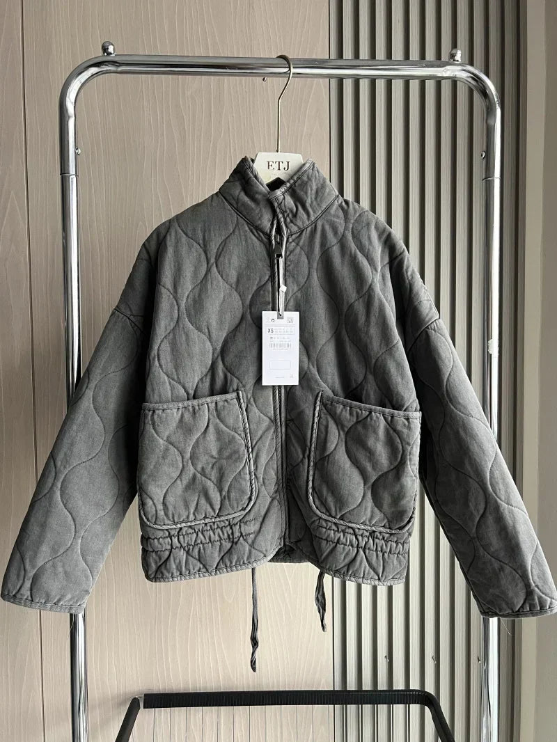 Dames Cropped Gewatteerde Jas met Zakken en Bindriem