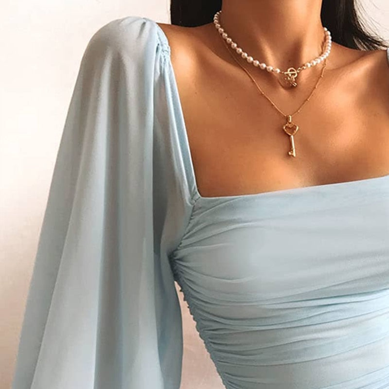 Vendra | Bodycon Mini Jurk met Pofmouwen – Lichtblauw