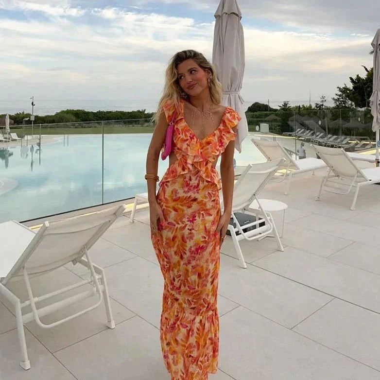 Evi | Dames jurk maxi bloemenprint V-hals boho ruches oranje