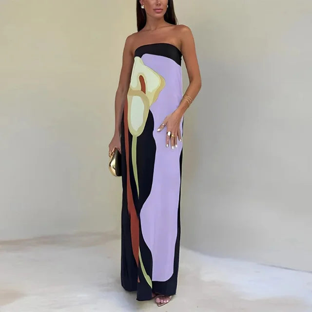 Sophie | Dames jurk maxi strapless kleurblok print