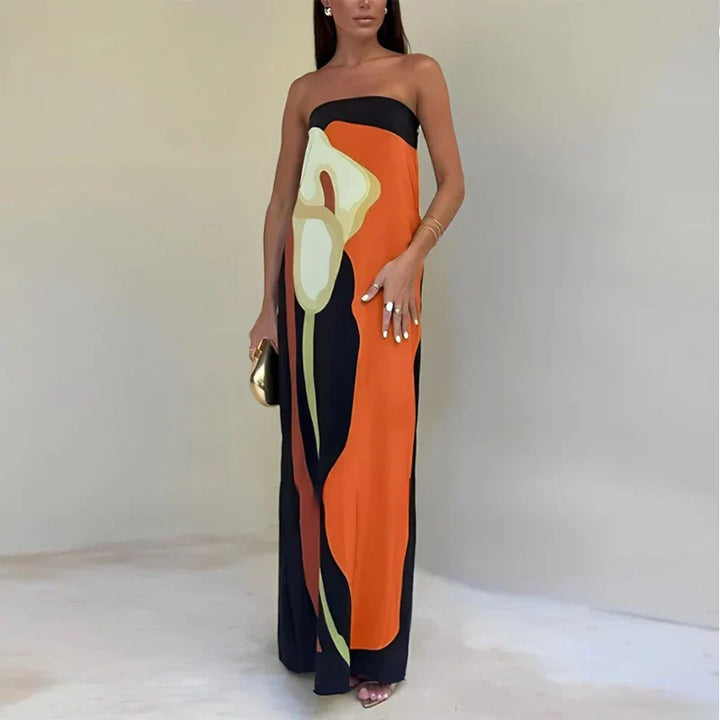 Sophie | Dames jurk maxi strapless kleurblok print