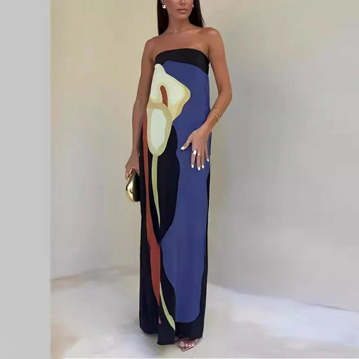 Sophie | Dames jurk maxi strapless kleurblok print