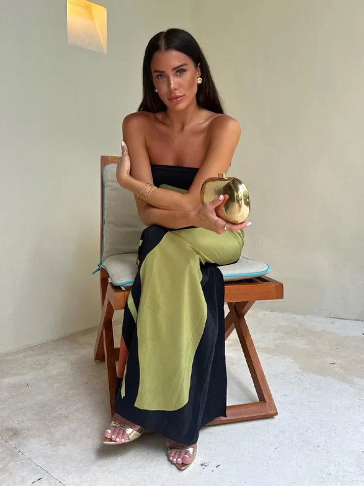 Sophie | Dames jurk maxi strapless kleurblok print
