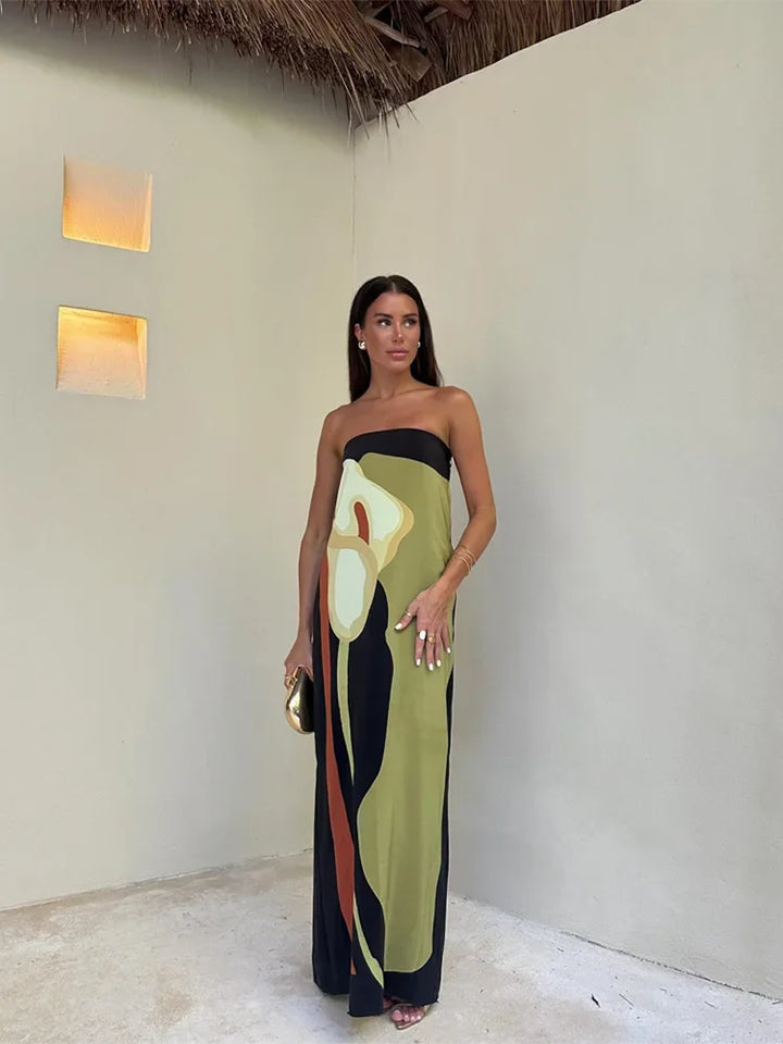 Sophie | Dames jurk maxi strapless kleurblok print