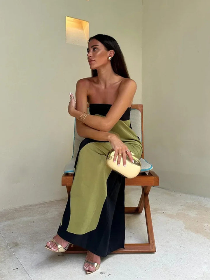 Sophie | Dames jurk maxi strapless kleurblok print