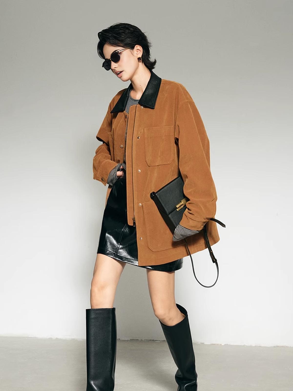 Monde | Oversized Winterjas Dames - Suède met Contrastkraag, Lichtgewicht
