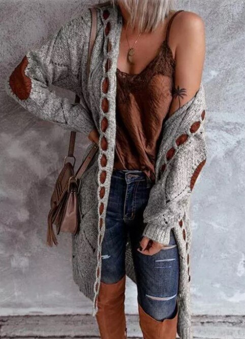 Ailani | Dames lang vest met capuchon en elleboogpatches