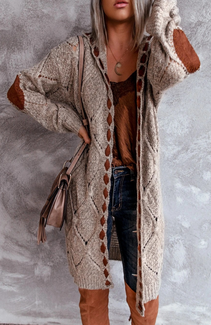 Ailani | Dames lang vest met capuchon en elleboogpatches