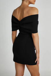 Eliana | Off-Shoulder Mini Jurk - Zwart, Chic Design met Strik, Elegant