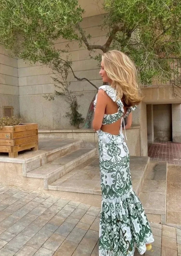 Amalia | Lange Katoenen Zomerjurk met Open Rug – Wit-Groen