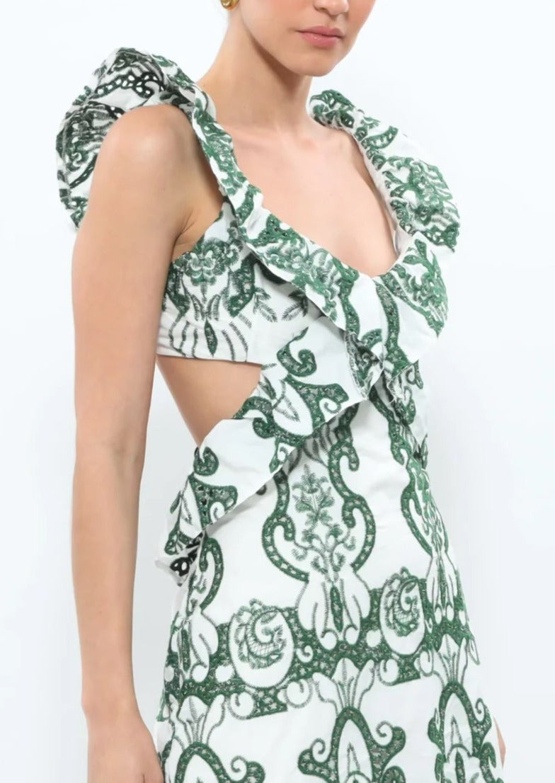 Amalia | Lange Katoenen Zomerjurk met Open Rug – Wit-Groen