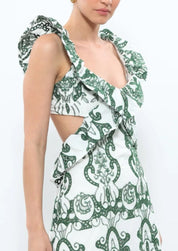 Amalia | Lange Katoenen Zomerjurk met Open Rug – Wit-Groen