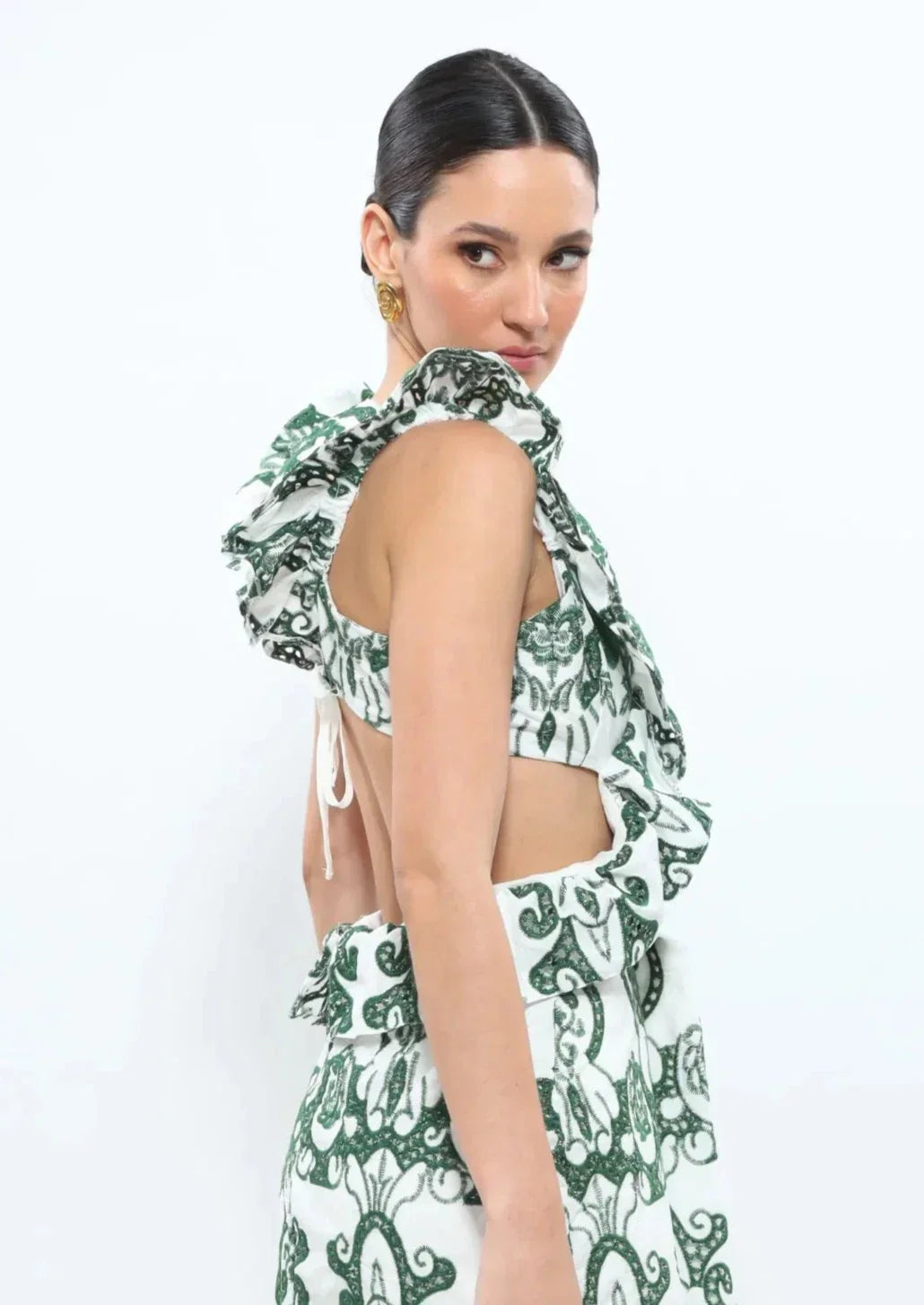 Amalia | Lange Katoenen Zomerjurk met Open Rug – Wit-Groen