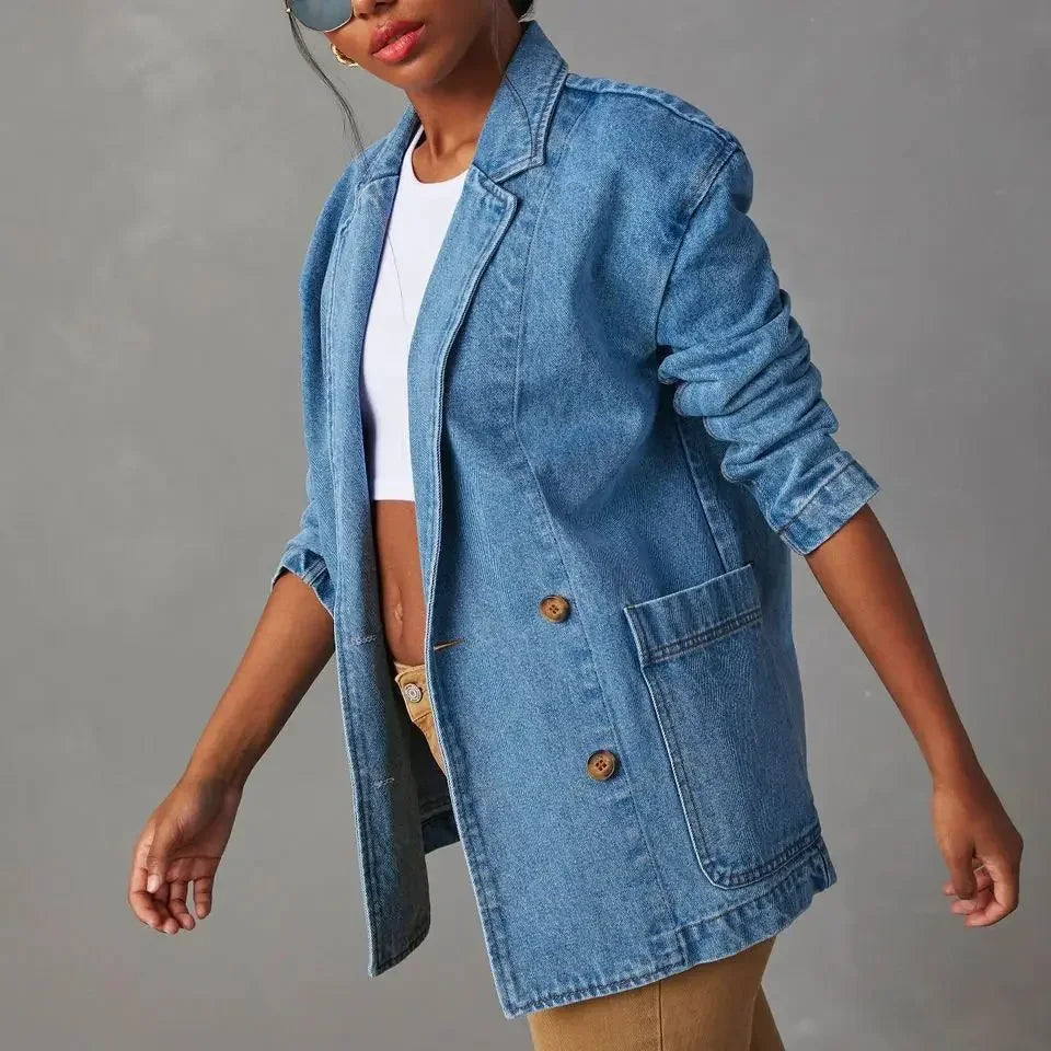Mya | Dames denim blazerjas met knoopsluiting en zakken