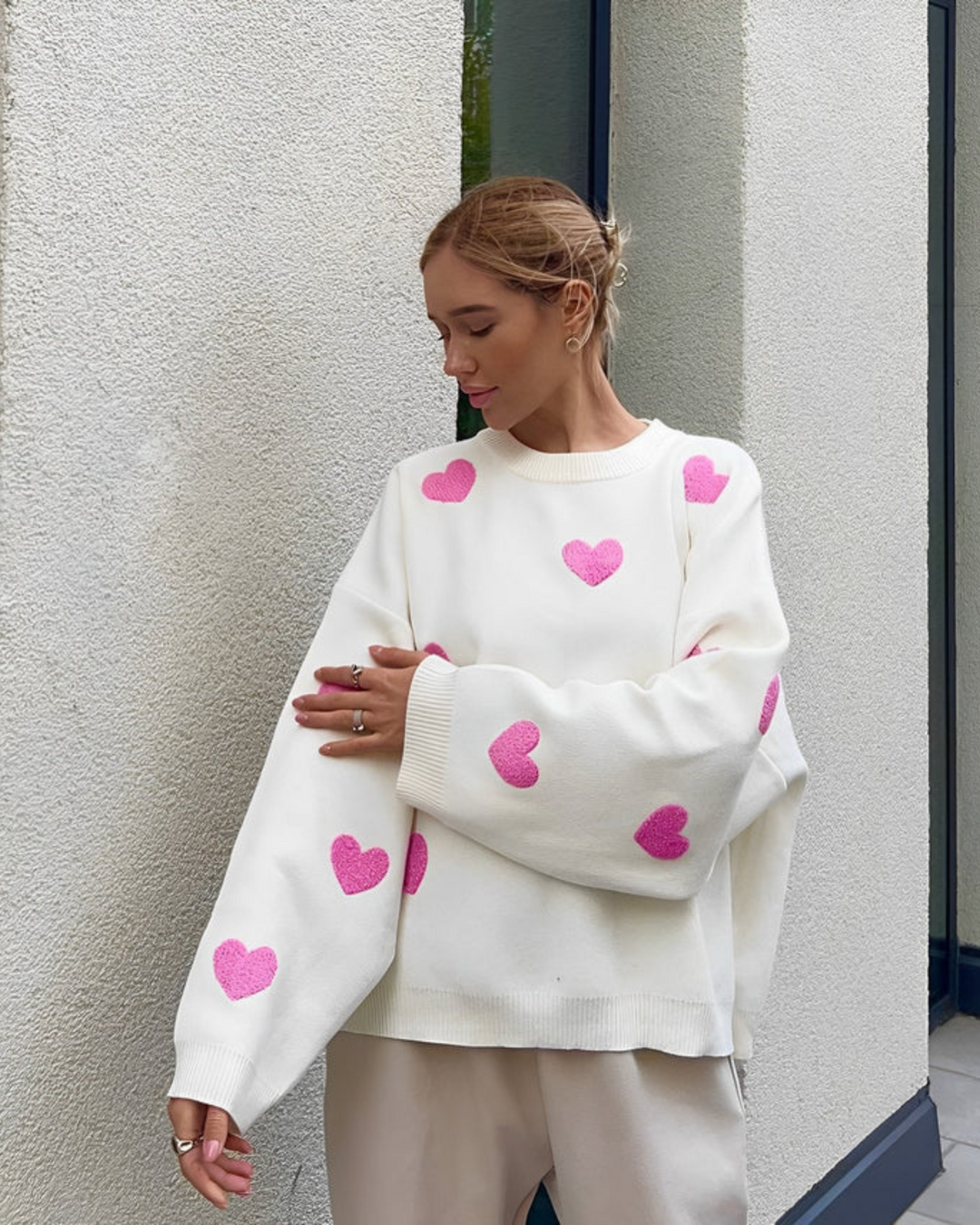 Clover | Dames Oversized Sweater met Hartjes Print – Ultra Zacht & Trendy
