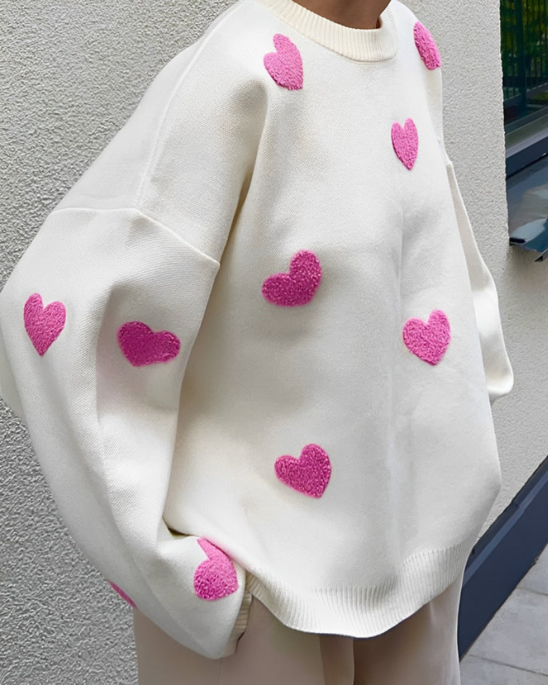 Clover | Dames Oversized Sweater met Hartjes Print – Ultra Zacht & Trendy