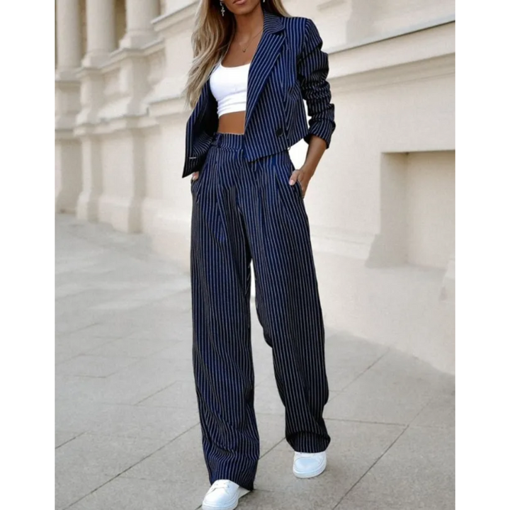 Emberlynn | Dames blazer set met streepstructuur dubbele knoopsluiting