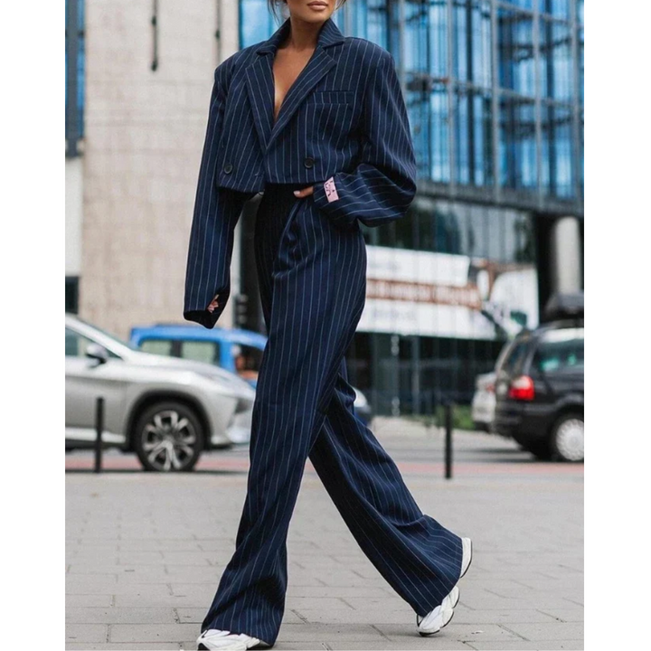 Emberlynn | Dames blazer set met streepstructuur dubbele knoopsluiting