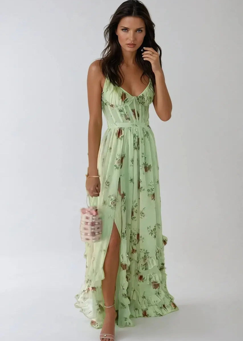 Vera | Boho Stijl Ruches Jurk Dames - Elegante A-lijn Maxi Jurk met Split