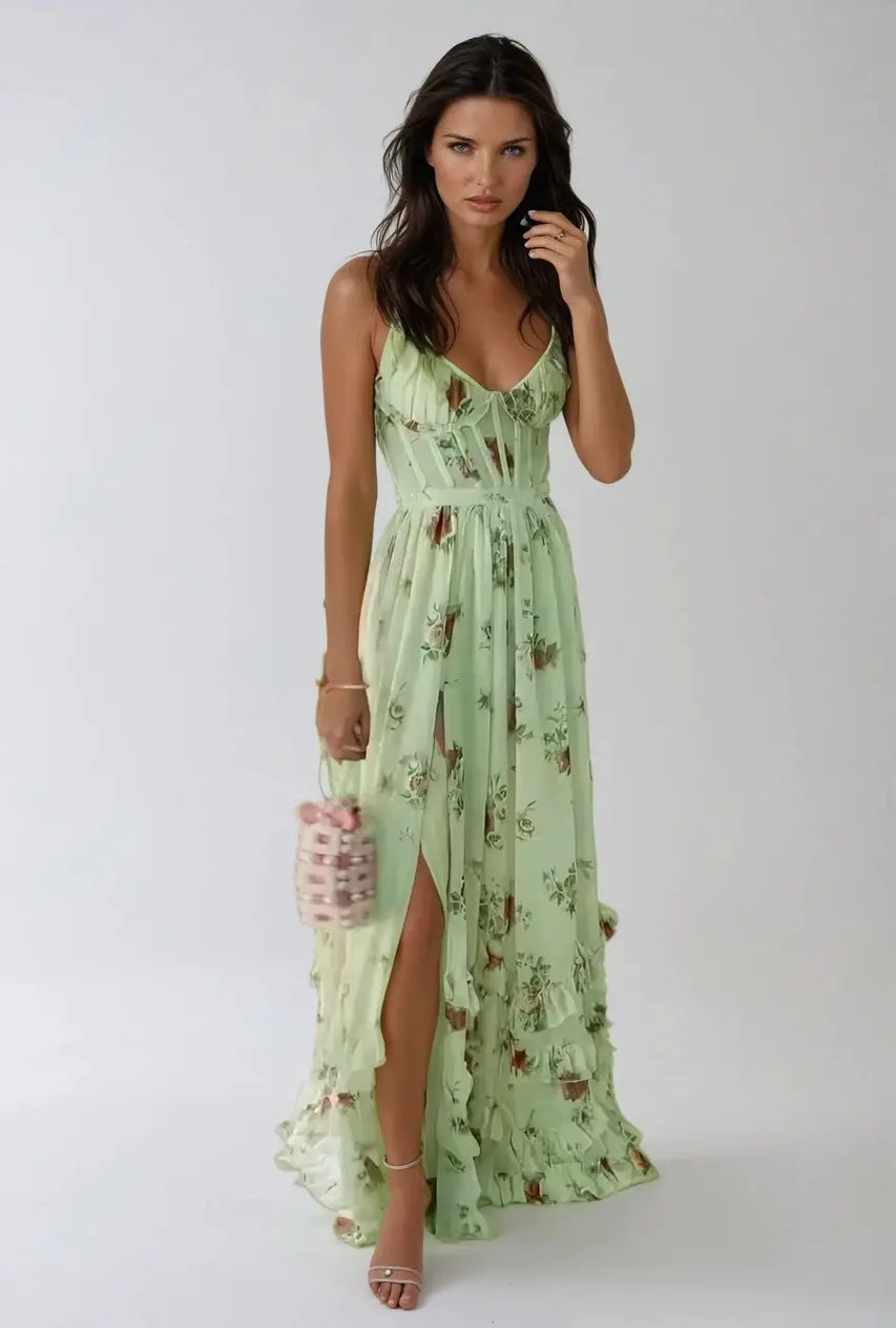 Vera | Boho Stijl Ruches Jurk Dames - Elegante A-lijn Maxi Jurk met Split