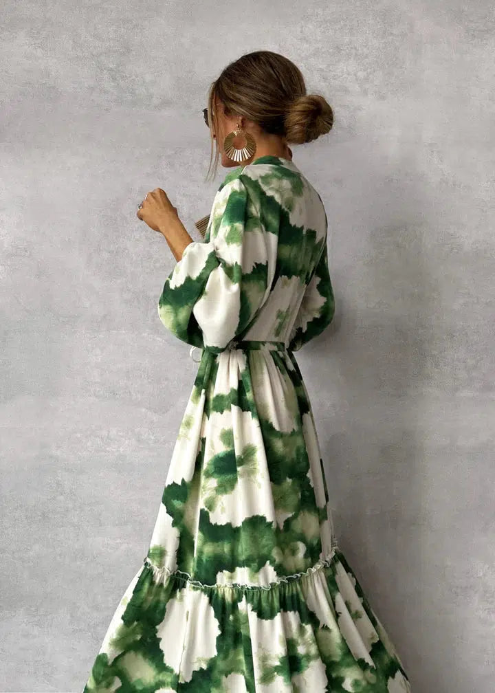Angelien | Dames jurk maxi V-hals boho print lange mouwen