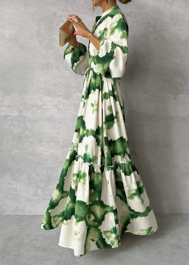 Angelien | Dames jurk maxi V-hals boho print lange mouwen