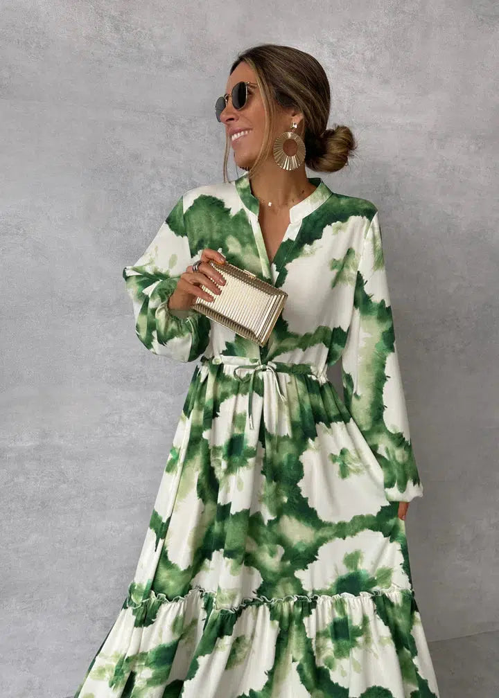 Angelien | Dames jurk maxi V-hals boho print lange mouwen