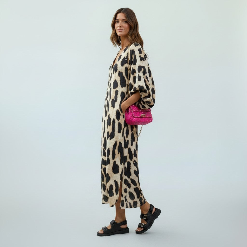 Nadia | Panterprint Midi Jurk - Trendy, Comfortabel, Flatterend Silhouet
