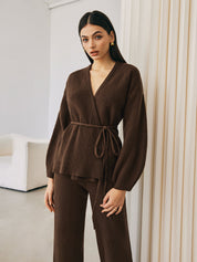 Girona | Dames Sweater Pants Set - Gebreide Stoffen Mix met Ceintuur