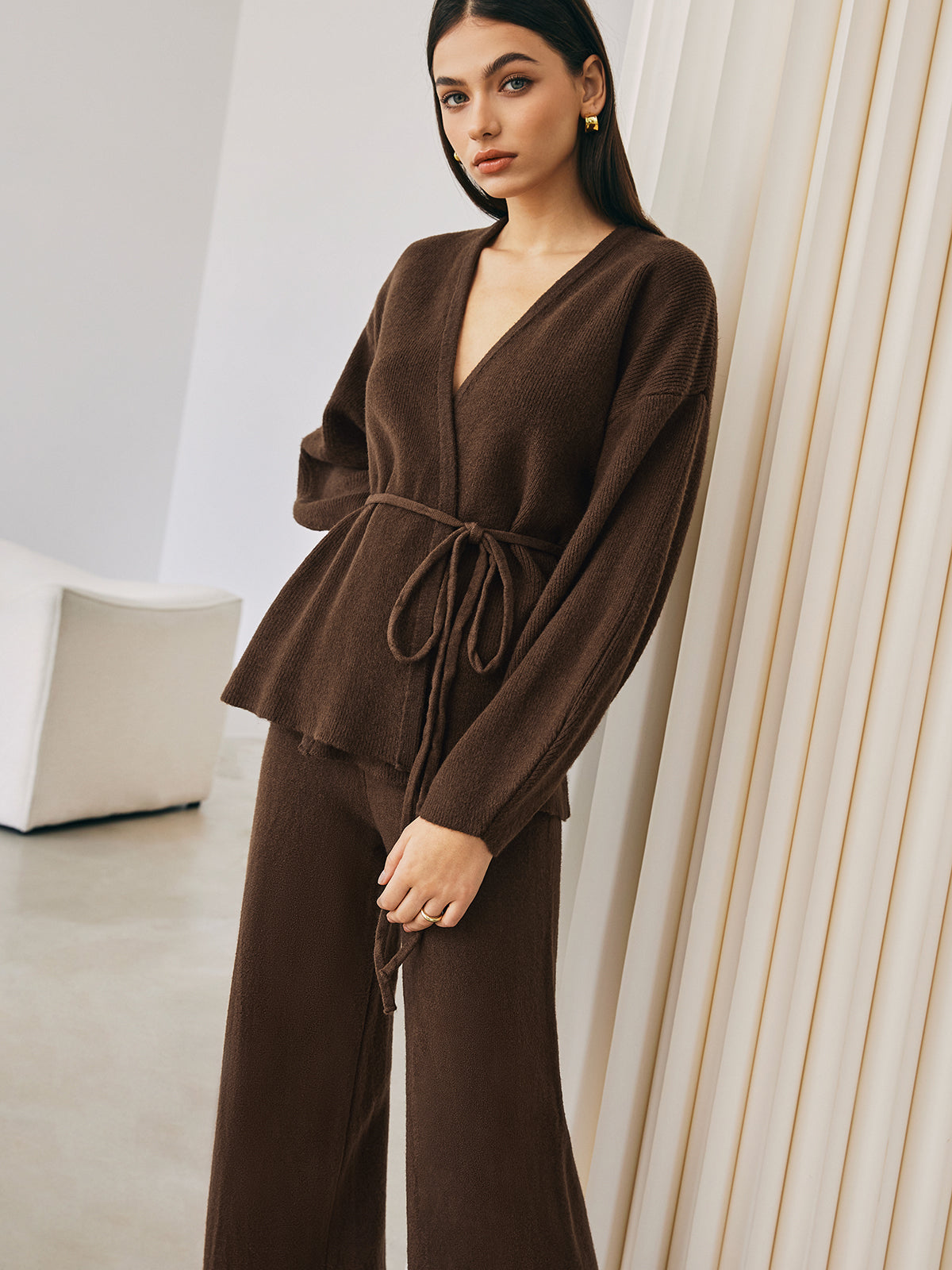 Girona | Dames Sweater Pants Set - Gebreide Stoffen Mix met Ceintuur