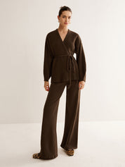 Girona | Dames Sweater Pants Set - Gebreide Stoffen Mix met Ceintuur
