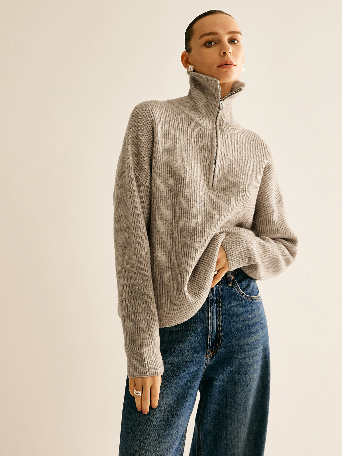 Jaxxy | Wol Blend Zipper Dames Sweater - Veel Stretch, Casual