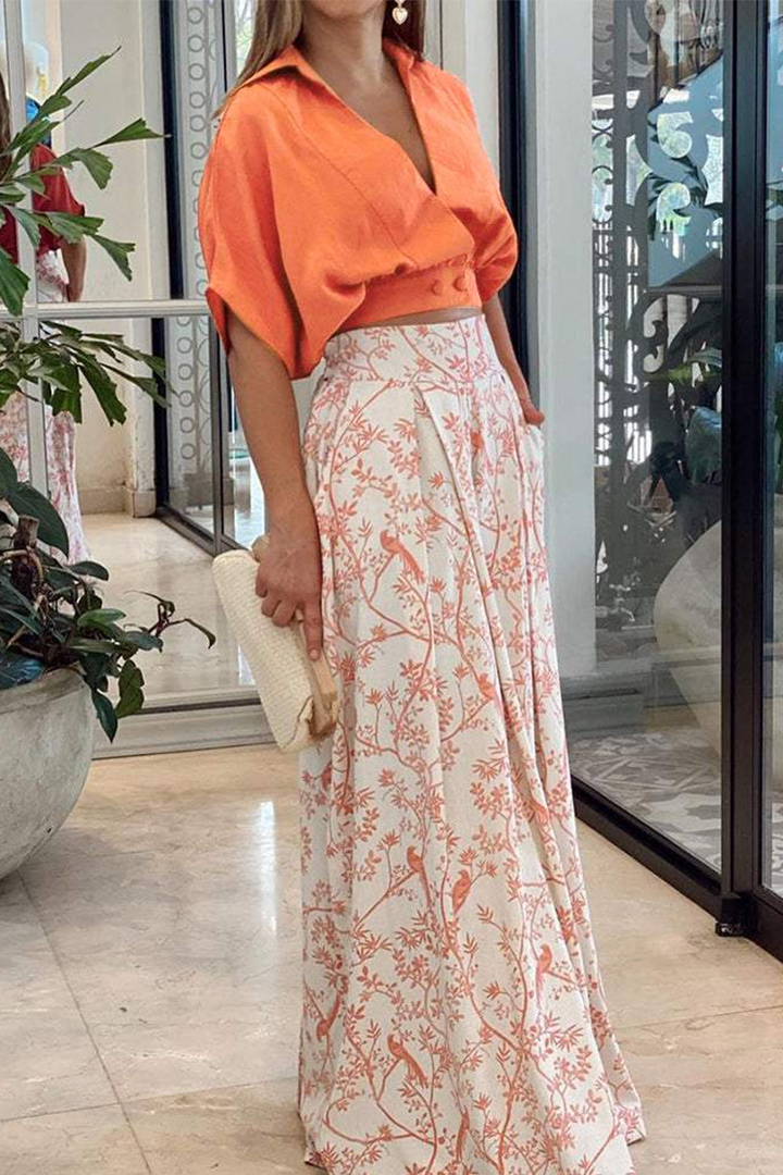 Kallie | Dames set top broek wikkel hals bloemenprint