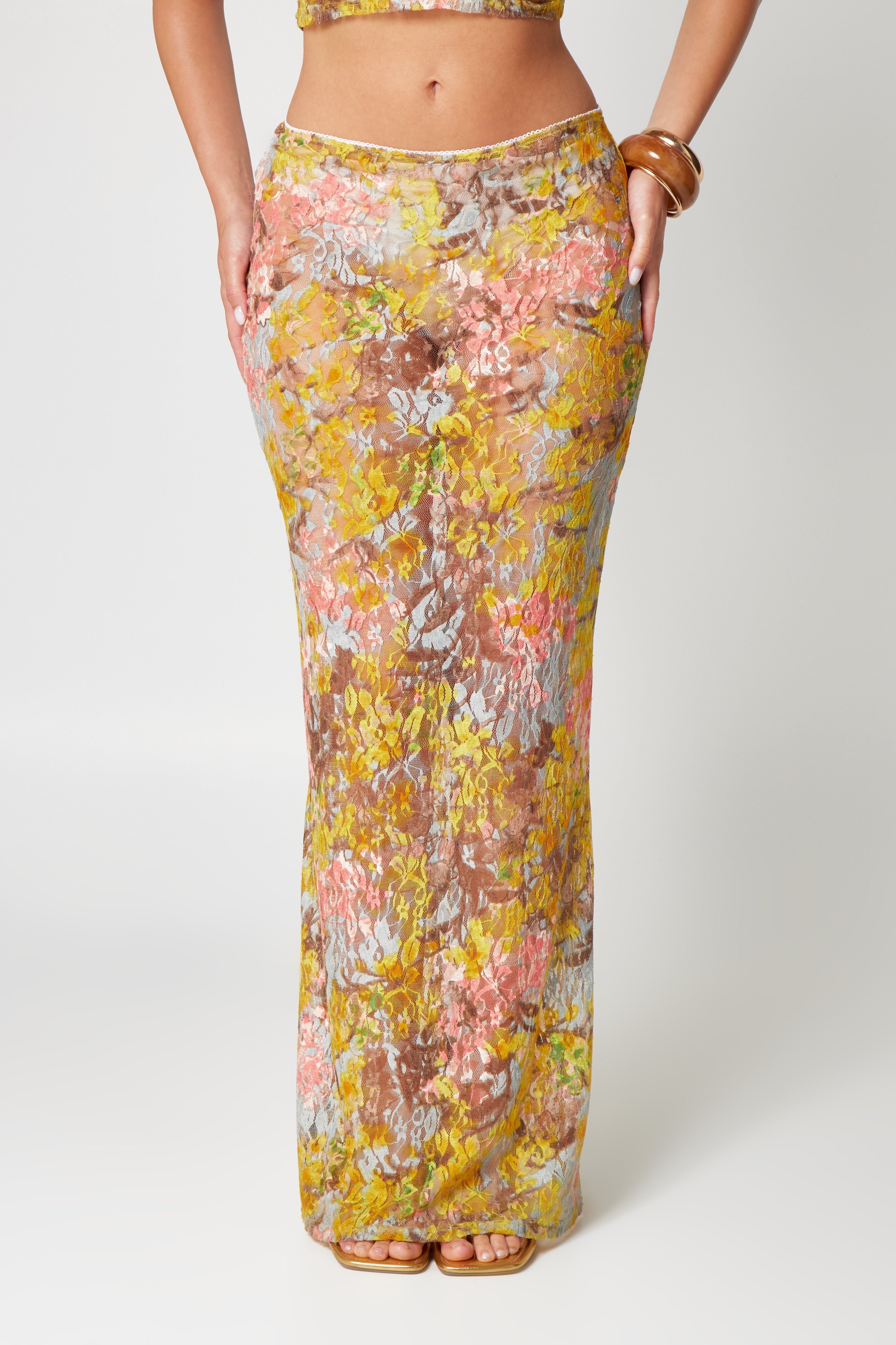 Joya | Kanten Set met Bloemenprint - Maxi Rok met Cropped Top