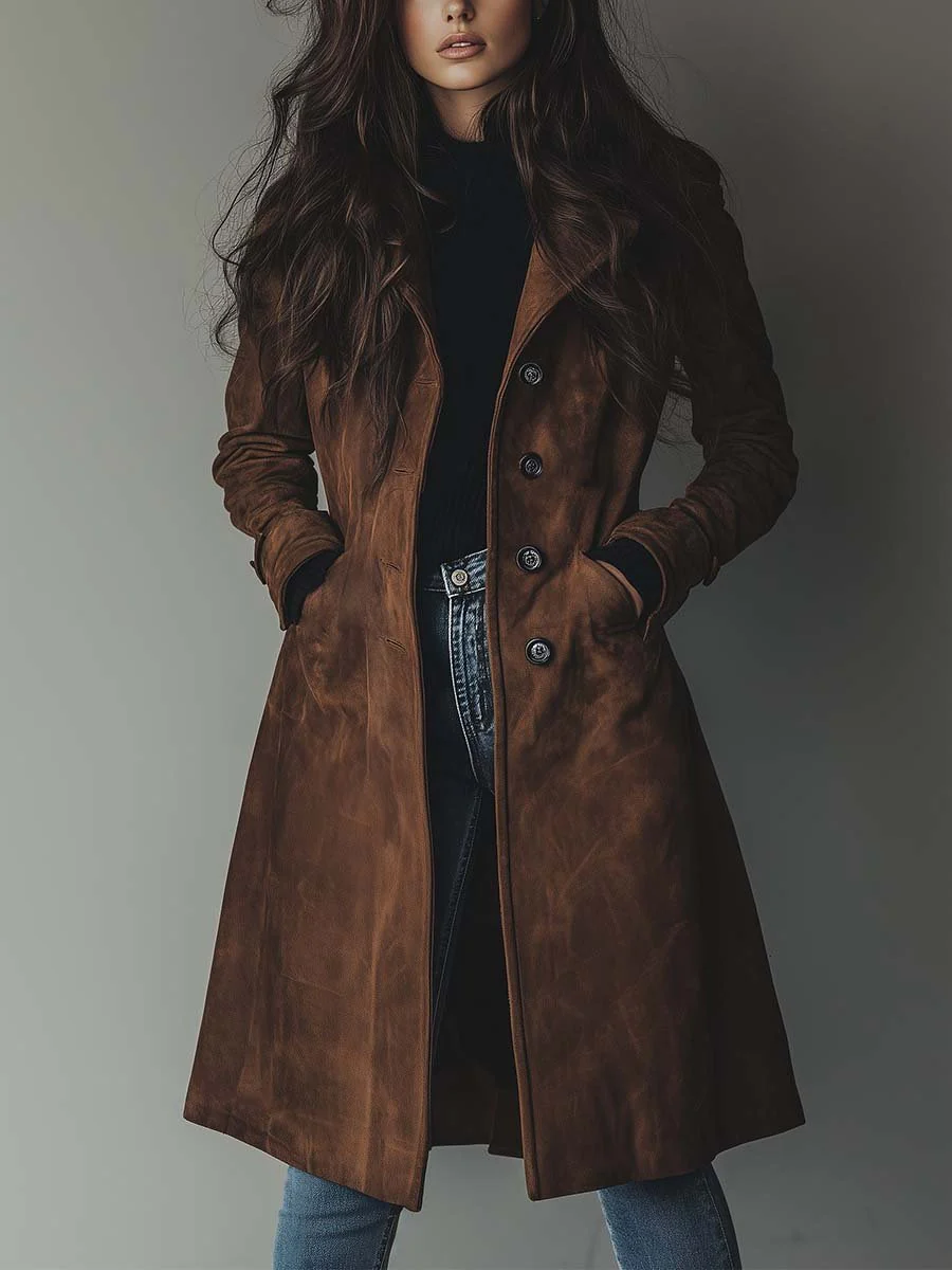 Dames Faux Suède Lange Trenchcoat