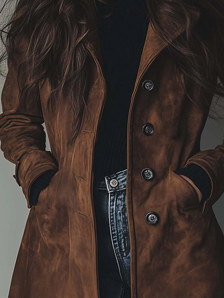 Dames Faux Suède Lange Trenchcoat