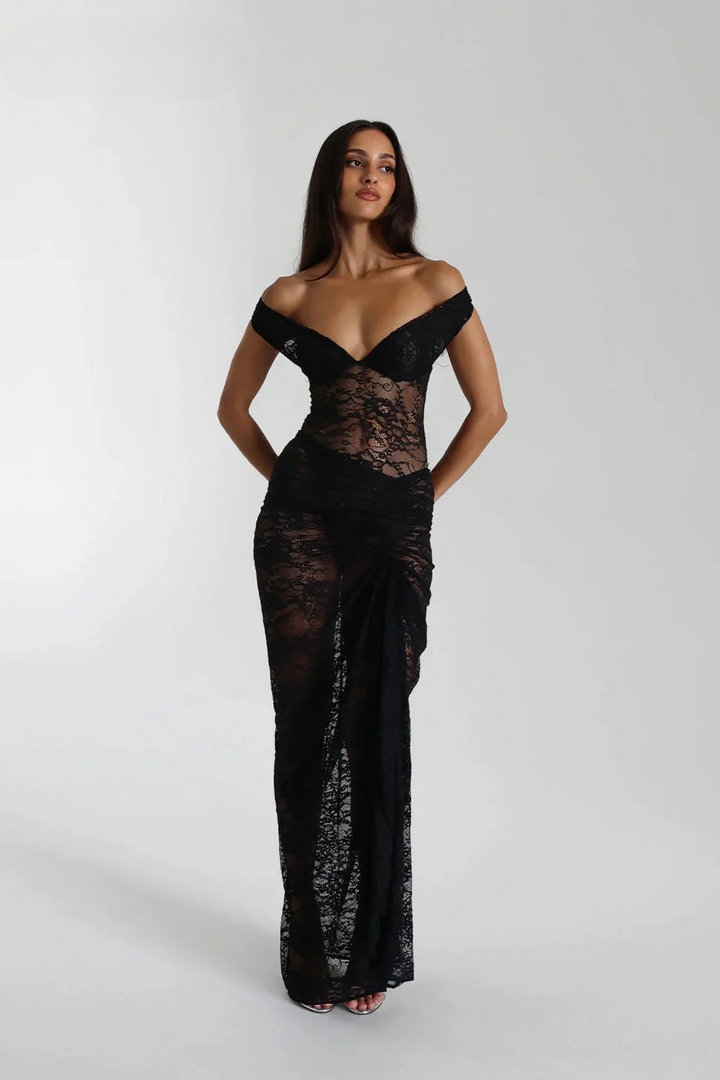 Anaisa | Dames maxi jurk met open schouders uitsnijding