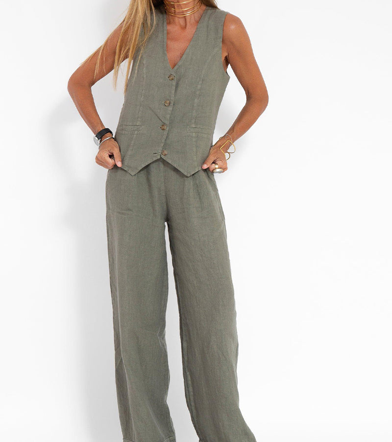 Aaliyah | Dames linnen set V-hals wijde broek