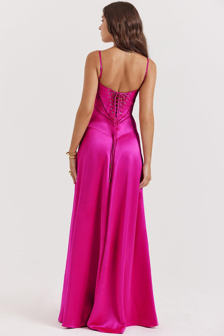 Olivia | Dames jurk maxi bustier strapless satijn look