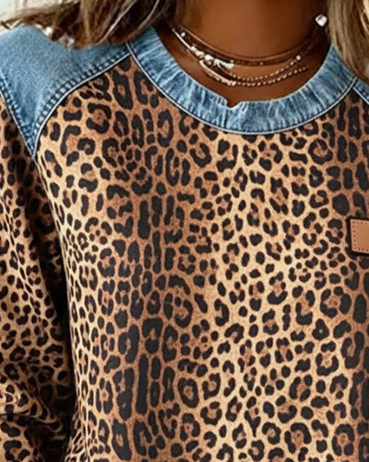 Dames Sweatshirt met Luipaardprint en Denim Patchwork
