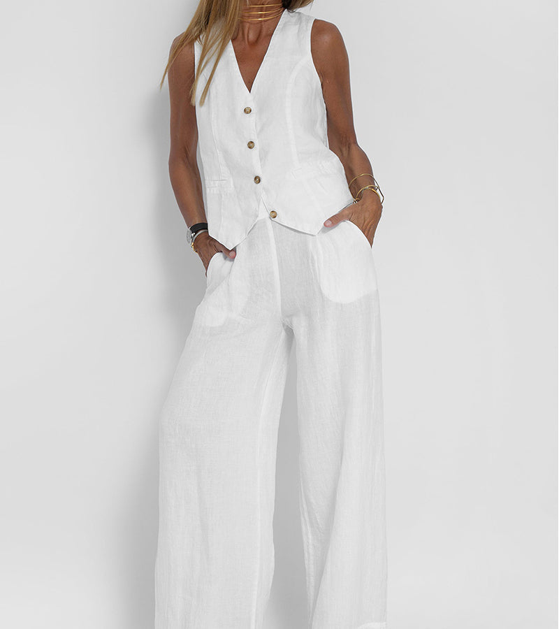Aaliyah | Dames linnen set V-hals wijde broek