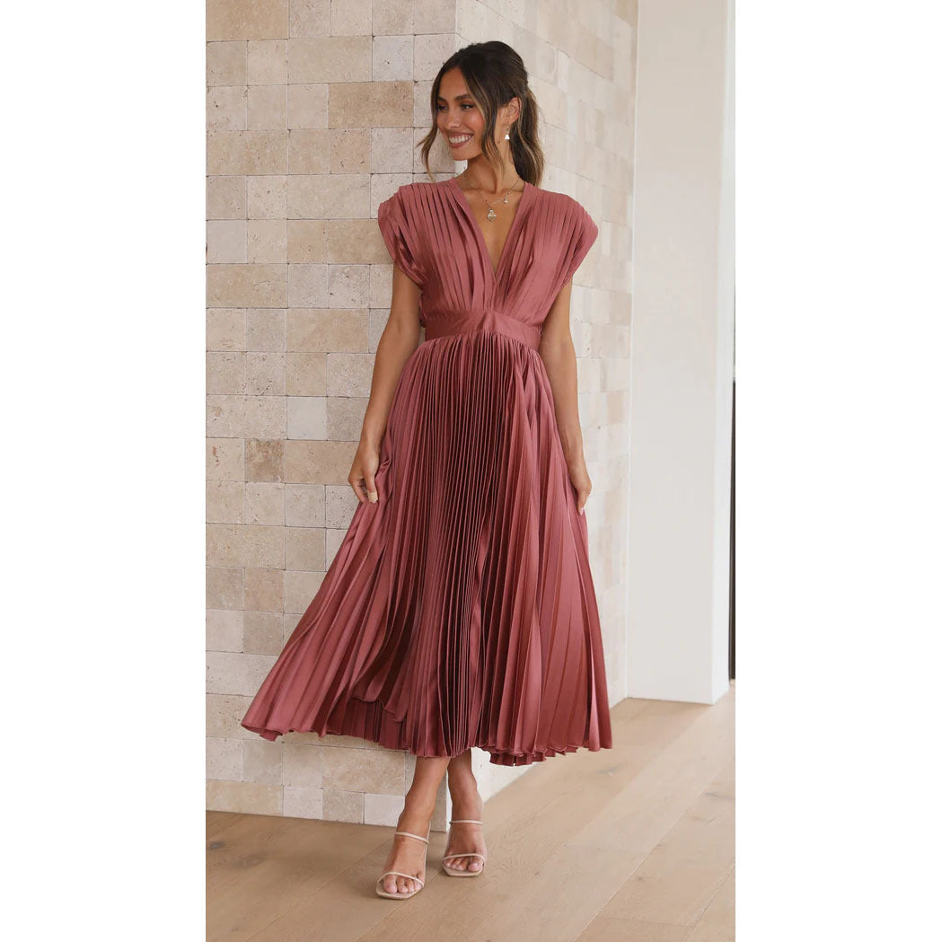 Sol | Dames midi jurk met V-hals geplooide rok