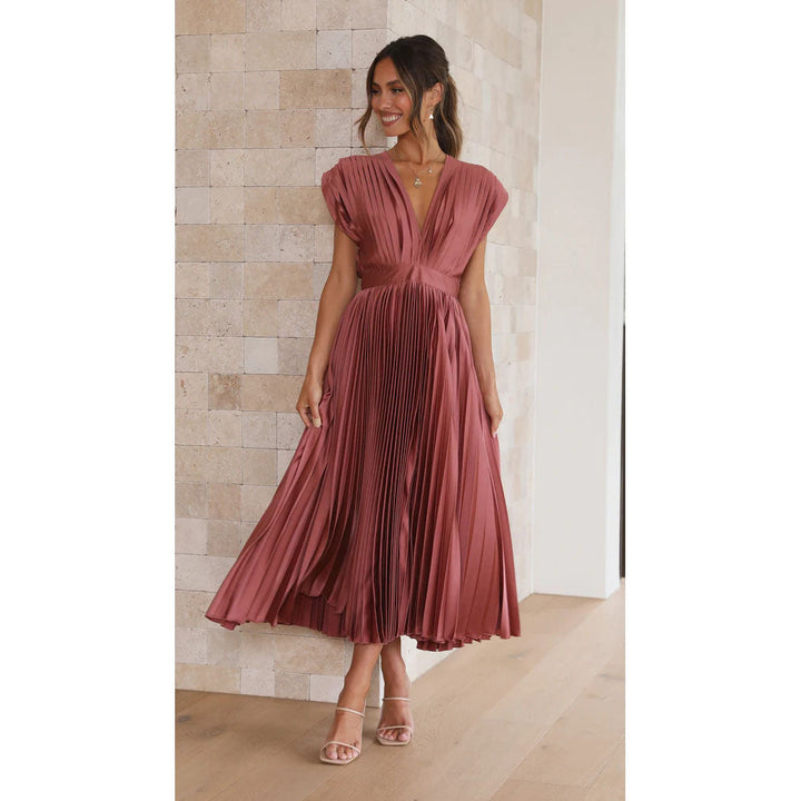 Sol | Dames midi jurk met V-hals geplooide rok