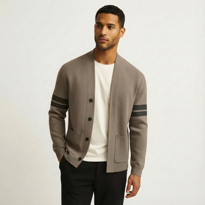 Klassieke Merino Heren Cardigan met Gestreepte Mouwen