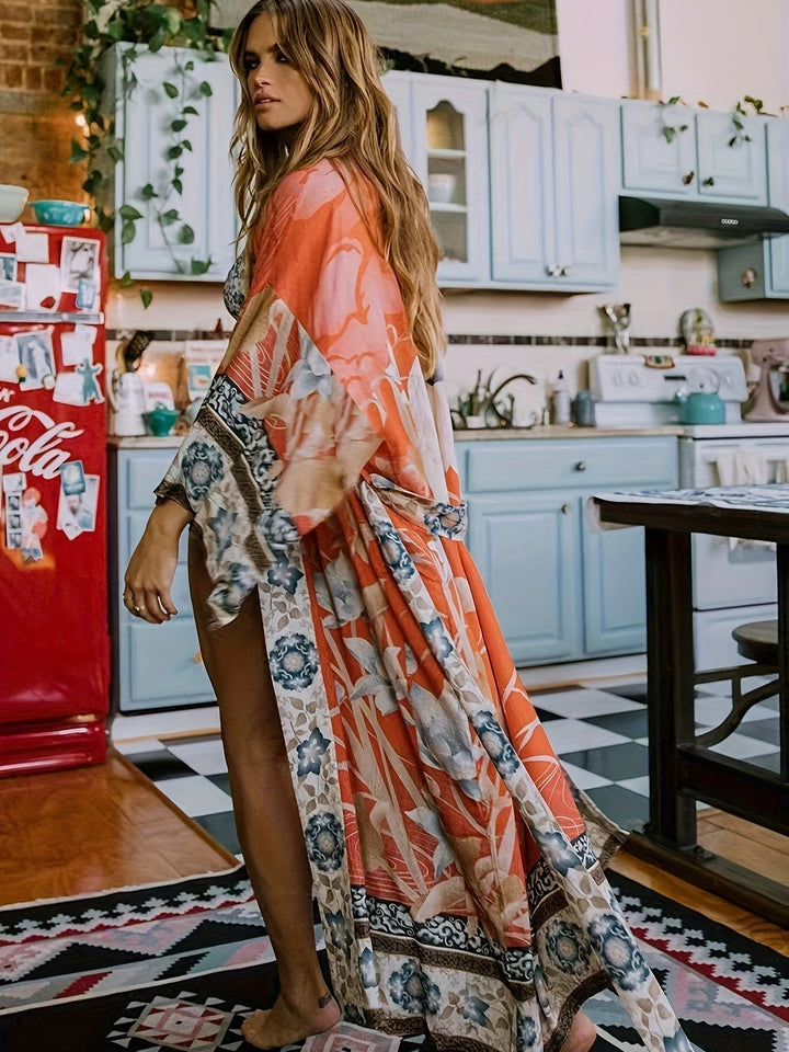 Greta | Dames kimono jurk met ceintuur print