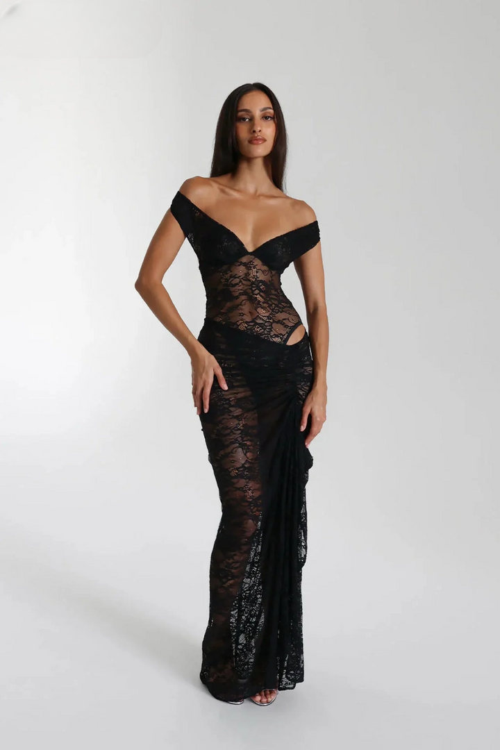Anaisa | Dames maxi jurk met open schouders uitsnijding