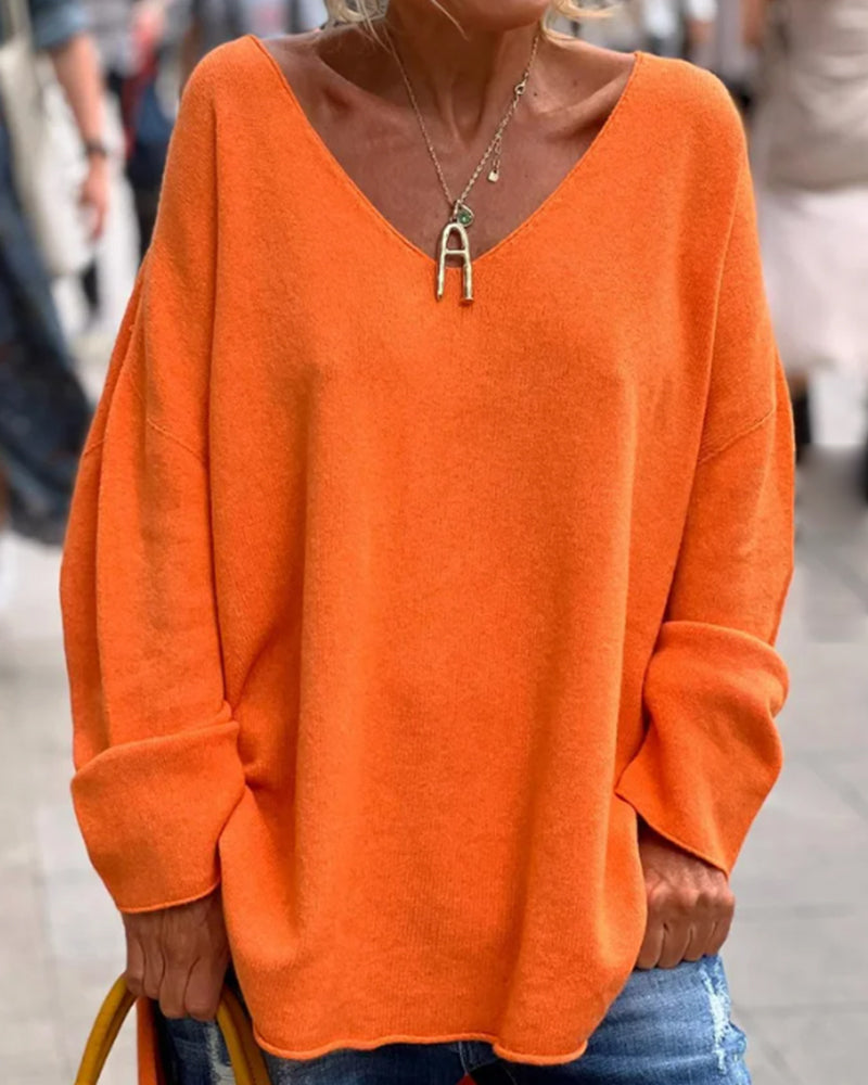 Yarah | Oranje Loose Fit Trui met V-hals