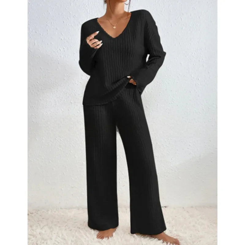 Emmeline | Dames Tweedelige Set met V-Hals en Wijde Broek