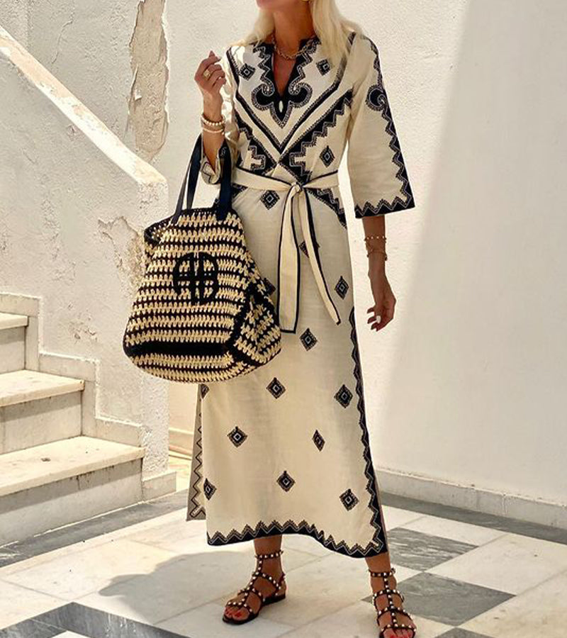 Jurney | Zomerse Kaftan Jurk met Ceintuur